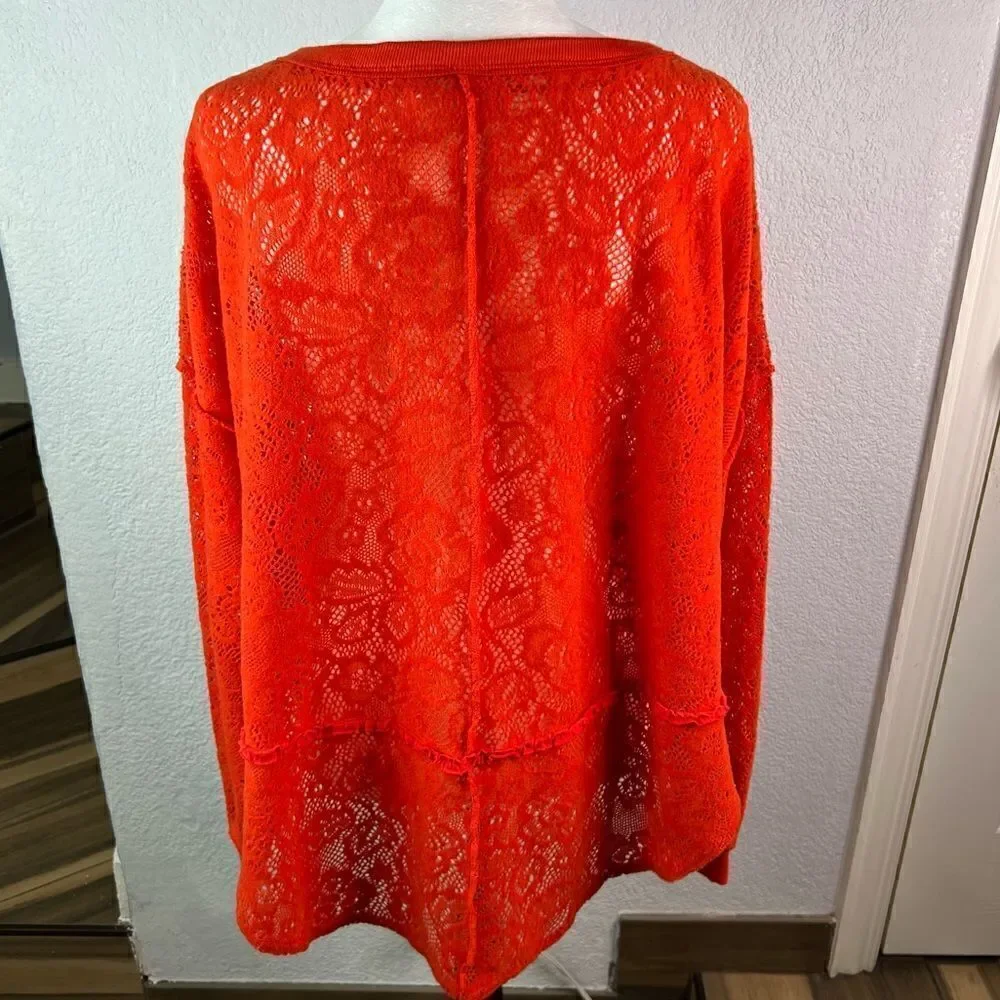 Free People Oversized Orange Long Sleeve Top Semi-Sheer Lacy Size XS Bohemian